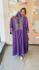 Mul cotton gold foil print with zari detailing full suit in purple