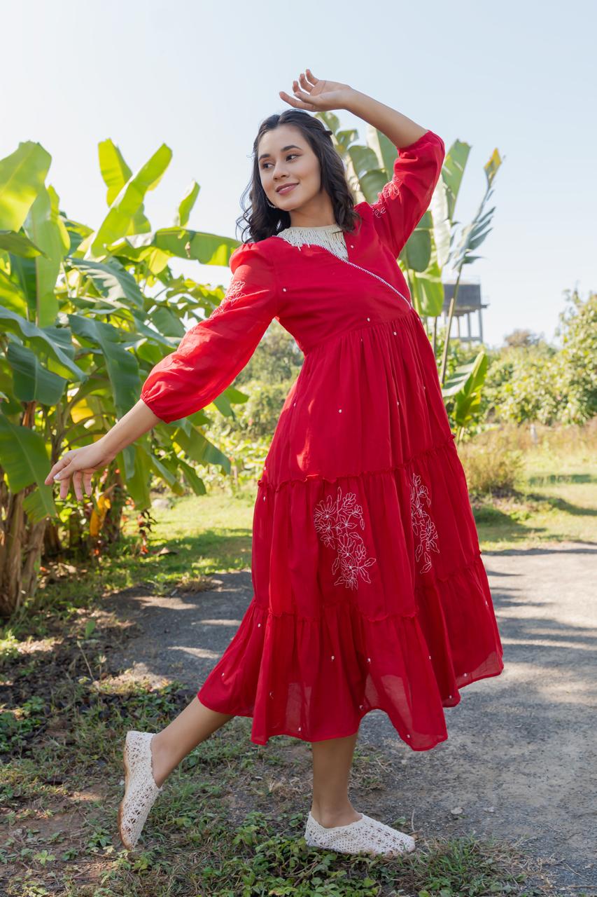Premium handloom Mul cotton fully embroidered dress in red