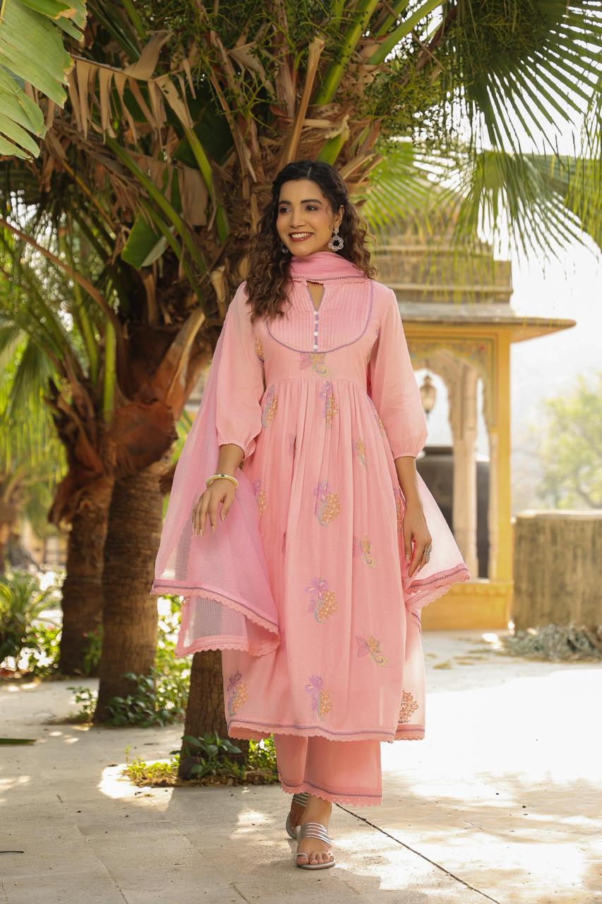 Premium embroidered cotton suit set paired with Kota Doria dupatta in pink