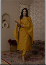Pure cotton embroidery full suit in yellow