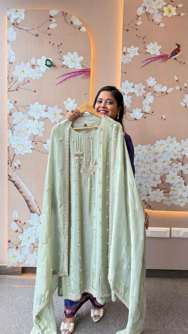 Pretty pretty tissue with heavy pearl work in mint green