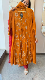 Fully embroidered pure Mul cotton suit set in brown