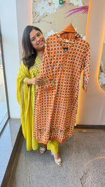 Gorgeous chequered full suit set with embroidery on sleeves and Daman in orange