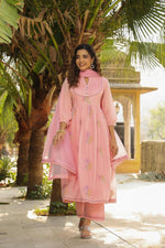 Premium embroidered cotton suit set paired with Kota Doria dupatta in pink