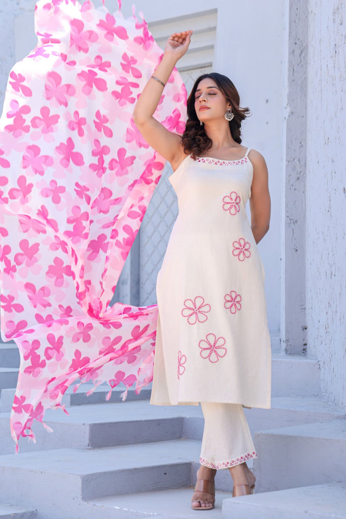 Noodle strap embroidered cotton suit paired with a stylish dupatta