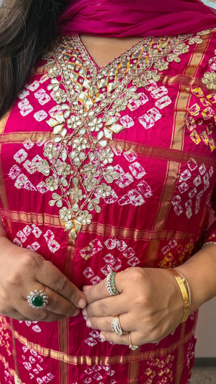Premium Rani pink ghatchola bandhani lakri patta suit set