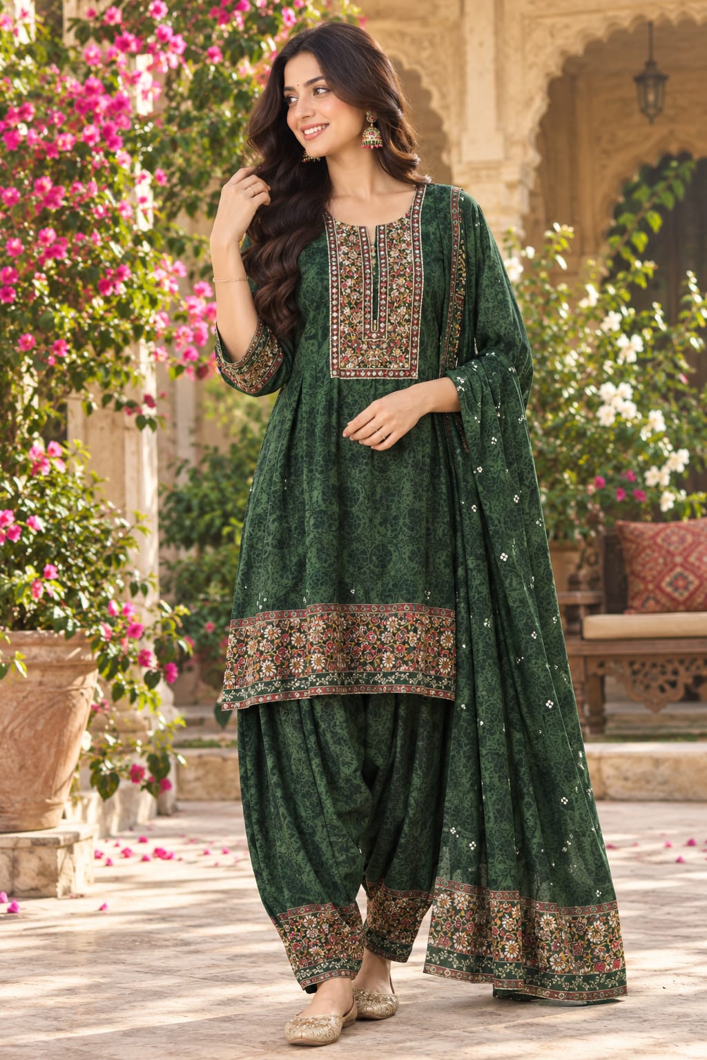 Super wow pure crepe silk lining ajrakh suit set in green