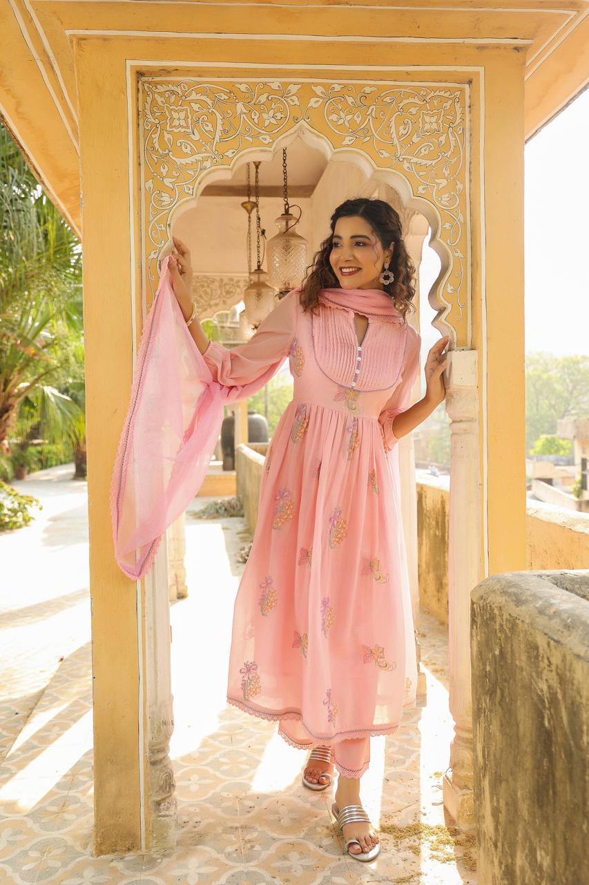 Premium embroidered cotton suit set paired with Kota Doria dupatta in pink