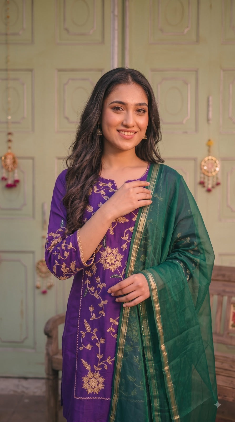 Zari embroidered banarsi super soft Mul chanderi lining full suit in purple