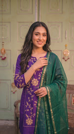 Zari embroidered banarsi super soft Mul chanderi lining full suit in purple