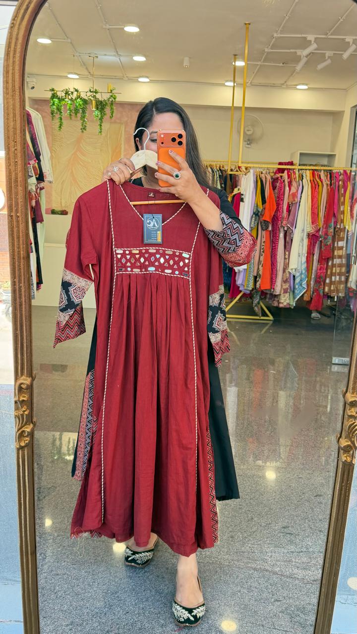Pure cotton ajrakh real mirror cotton one piece/ kurti in red
