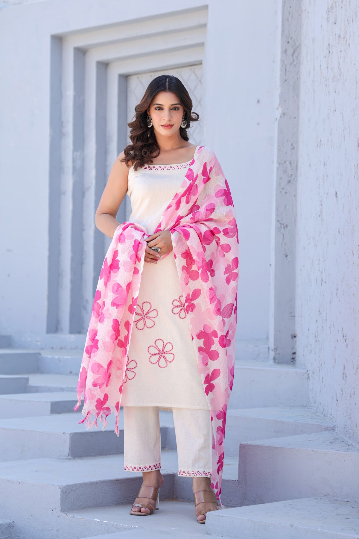 Noodle strap embroidered cotton suit paired with a stylish dupatta