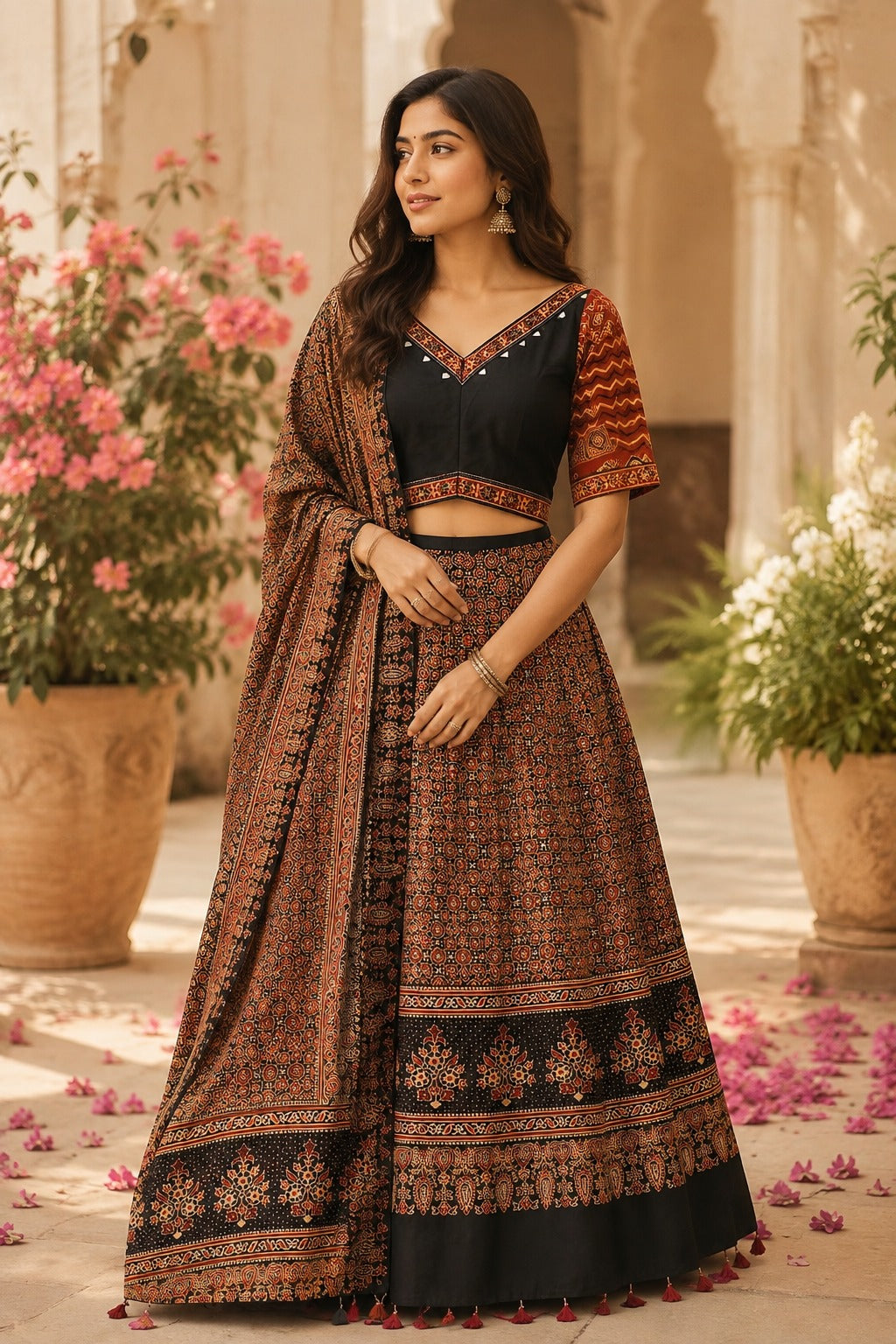 Super pretty ajrakh real mirror skirt / lehenga set in cotton in black
