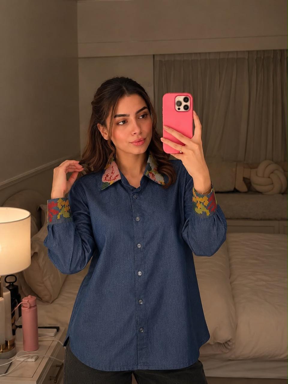 Premium denim embroidered coloured shirt