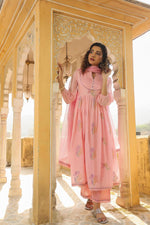 Premium embroidered cotton suit set paired with Kota Doria dupatta in pink