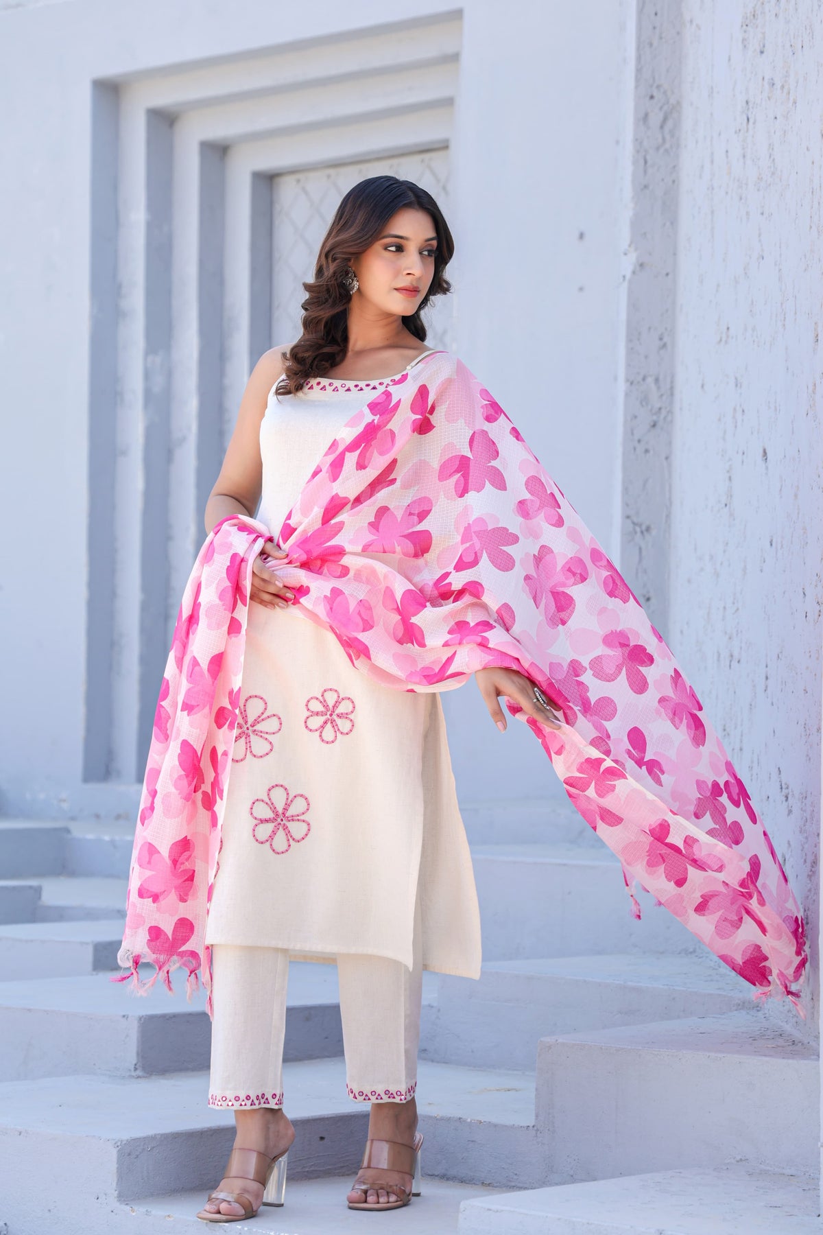 Noodle strap embroidered cotton suit paired with a stylish dupatta