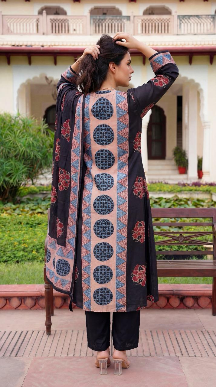 Premium mul silk ajrakh suit set