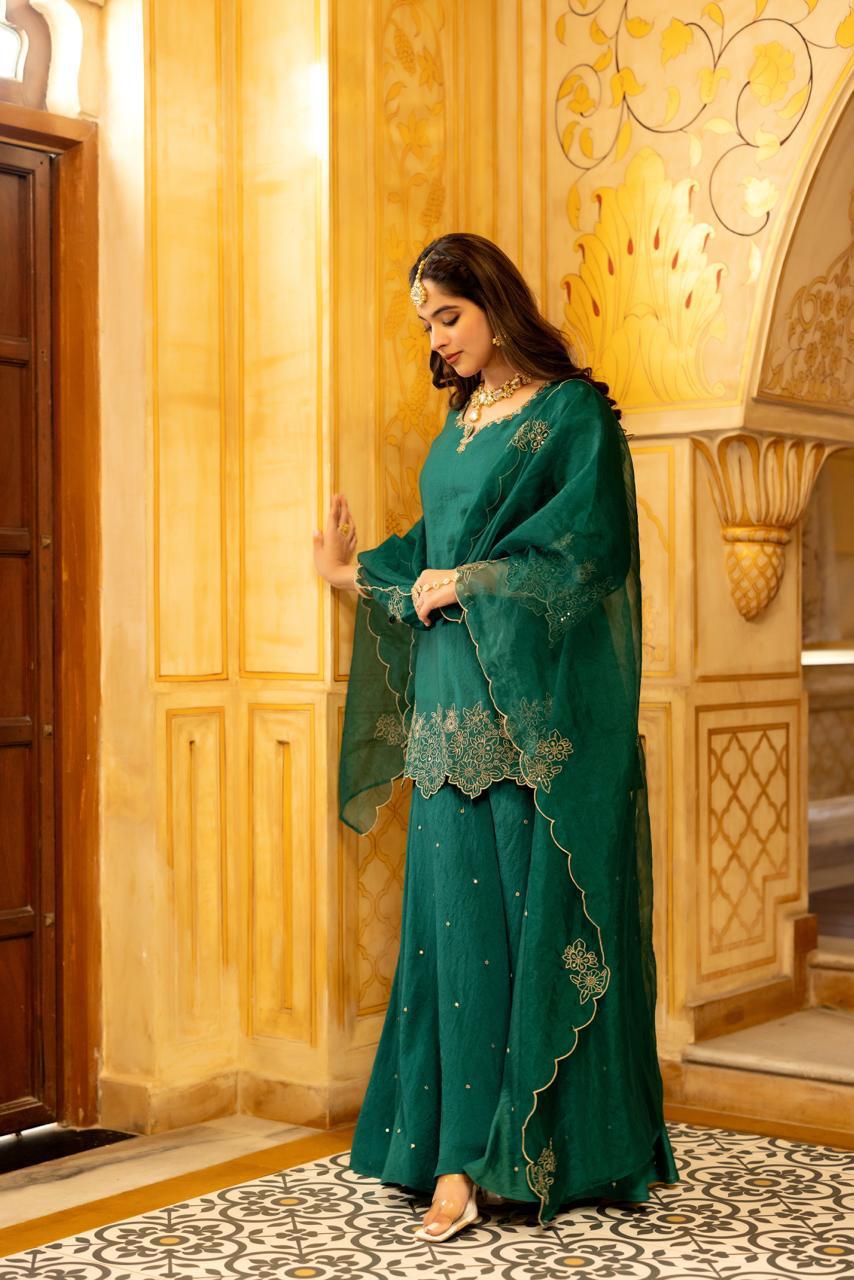 Gorgeous suit back in new colour! Santoori silk dress plazzo set with intricate embroidery in green