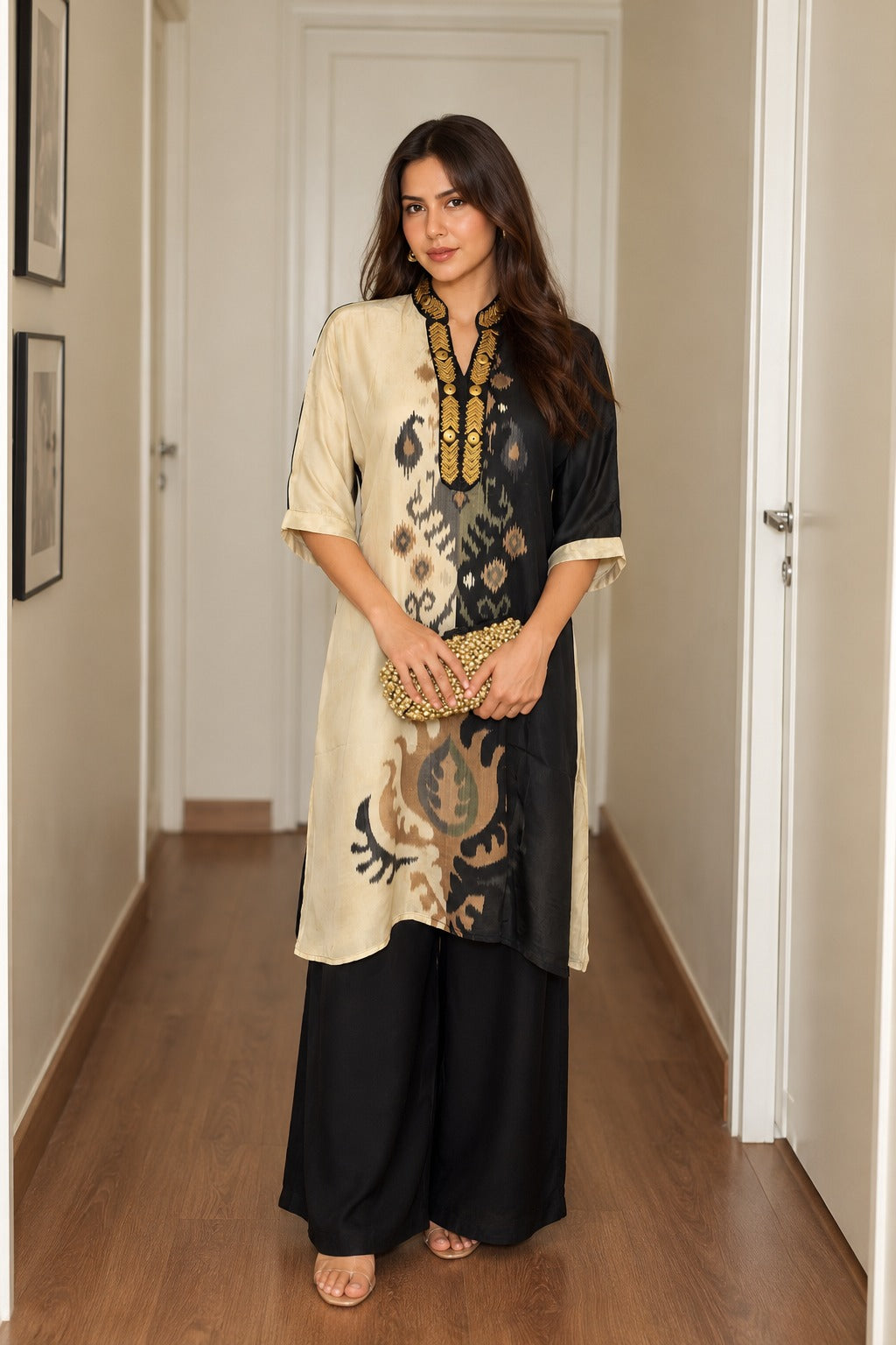 Pure crepe ivory n black Patola plazzo set