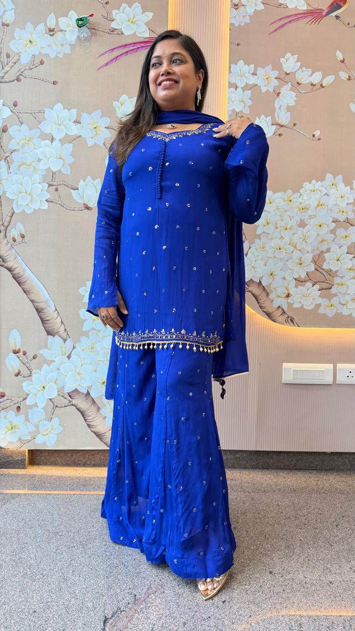 Premium chinon heavy handwork sequins and mirror work full suit in royal blue