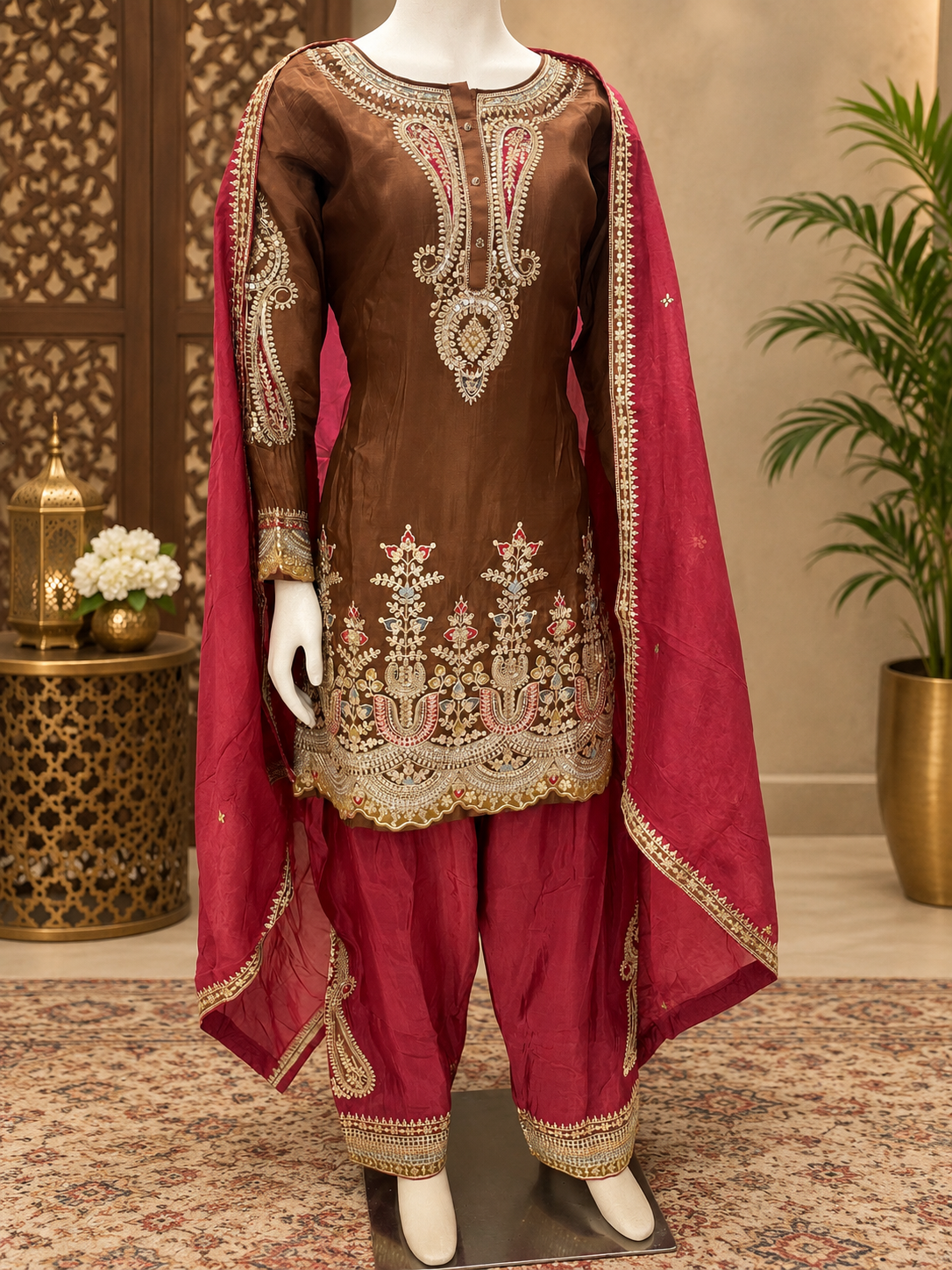 Pure crepe zari detailing Farsi suit set in red n brown