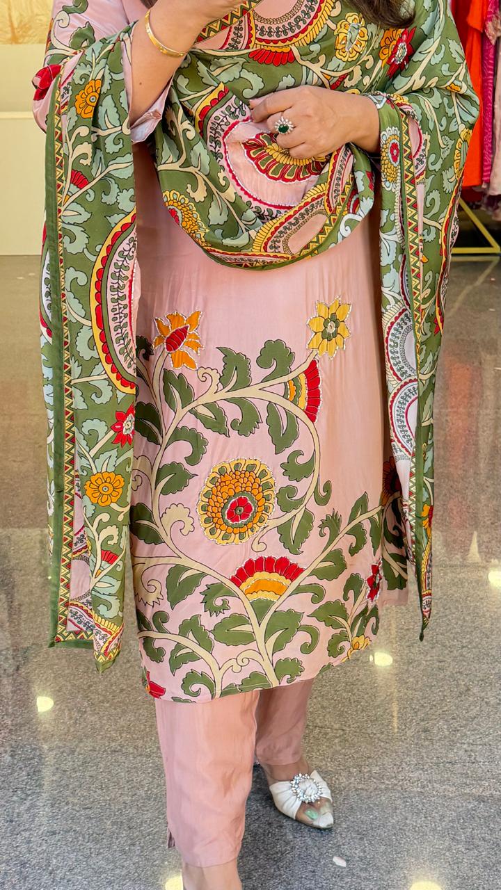 Pure crepe Kalamkari lining full suit set in peach designer front n back (Slim Fit)
