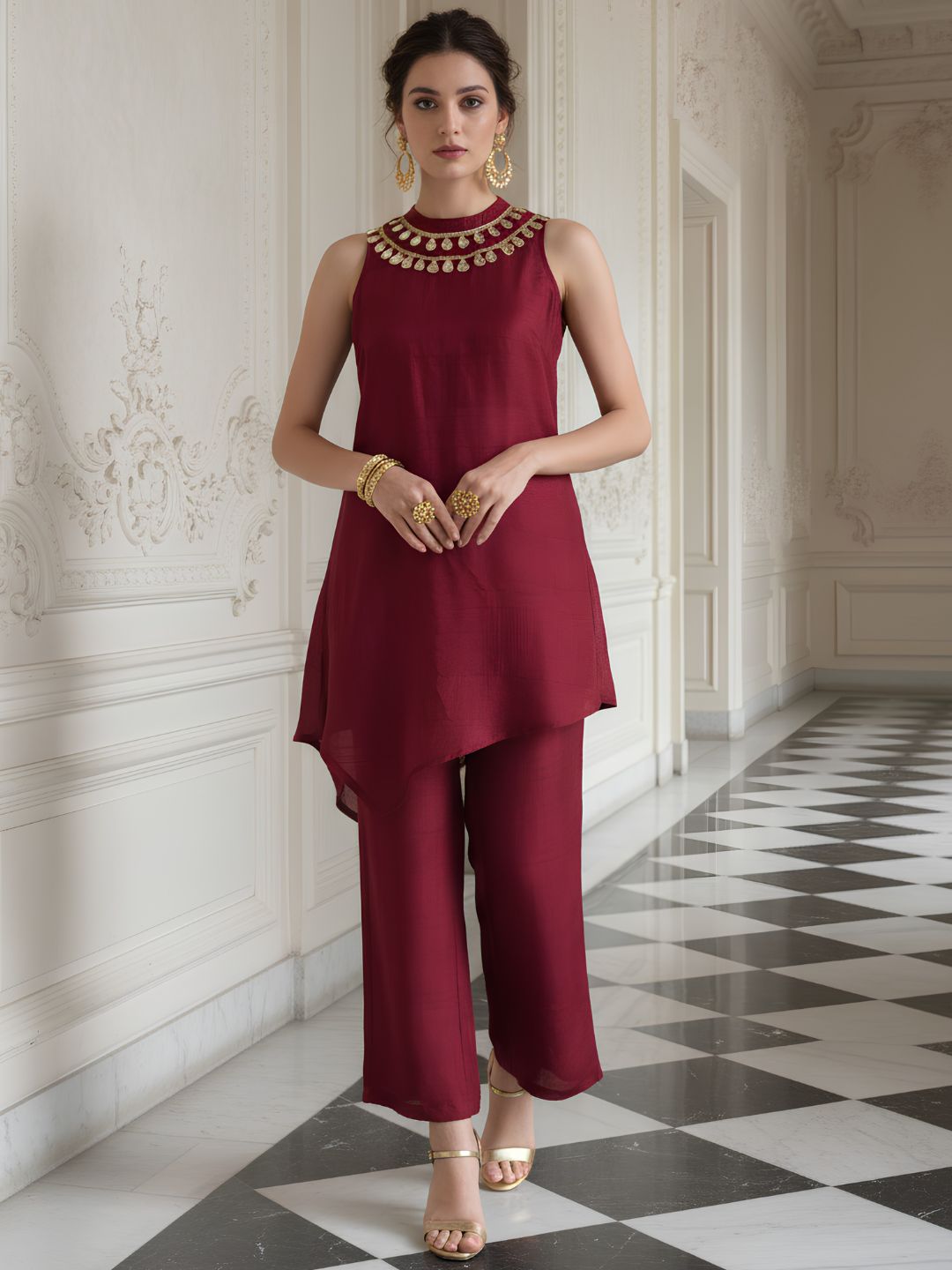 Super smart sleeveless designer maroon silk Co ord