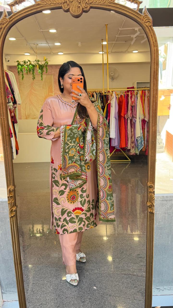Pure crepe Kalamkari lining full suit set in peach designer front n back (Slim Fit)