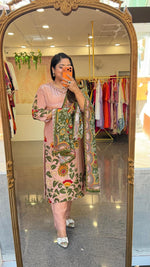 Pure crepe Kalamkari lining full suit set in peach designer front n back (Slim Fit)