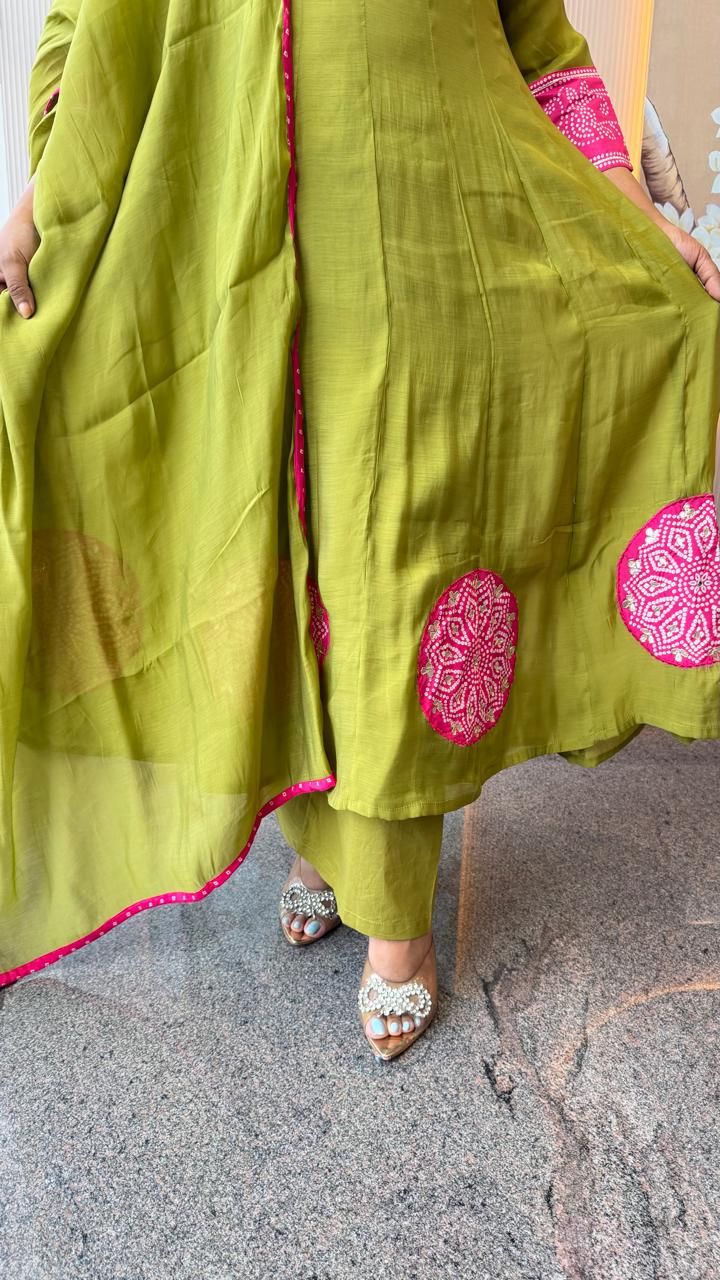 Green mulchanderi Anarkali suit set