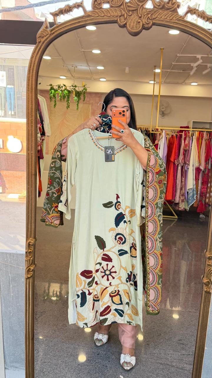 Pure crepe Kalamkari lining full suit set in mint green designer front n back (Slim Fit)