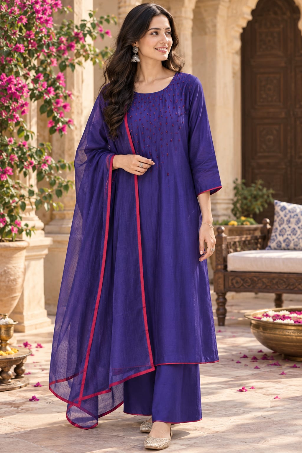 Pure Banarasi Mul chanderi with githan work and red border highlight all over paired with Kota doriya dupatta