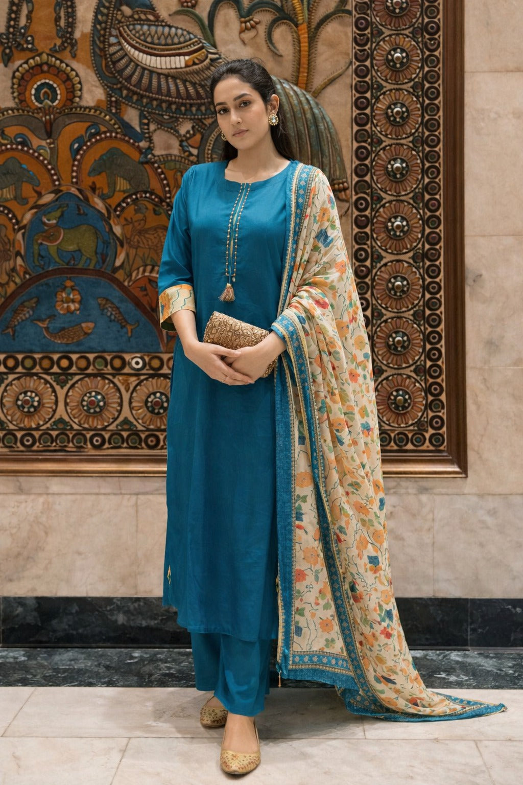Rich piping neck detailing with digital printed dupatta. Printed patching on sleeves and intricate work highlighting pure cotton suit set