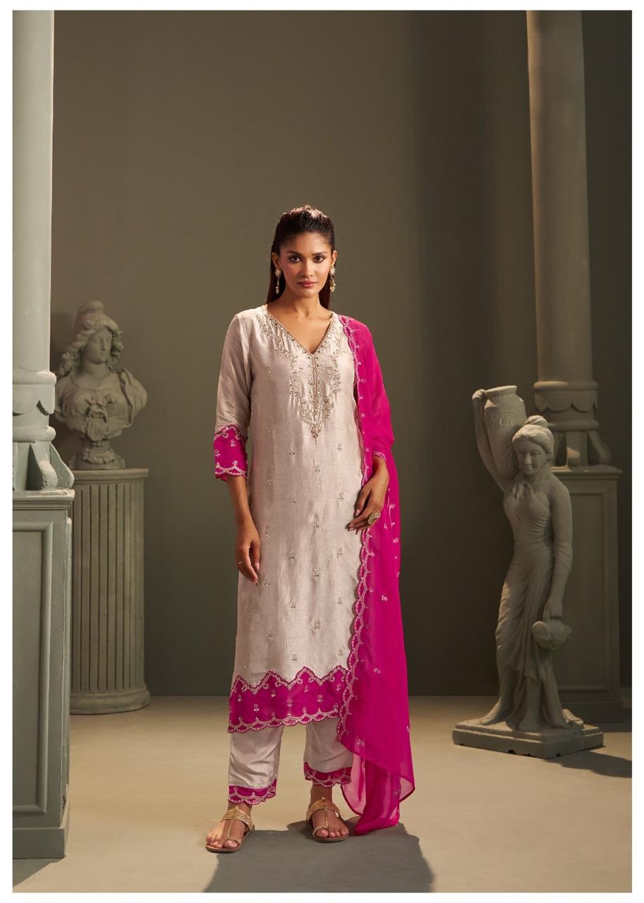 Russian silk pretty hand work suit set in grey n pink