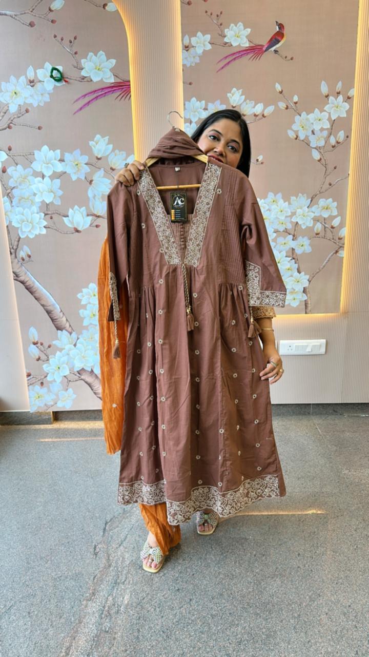 Pure cotton embroidered suit set in brown colour