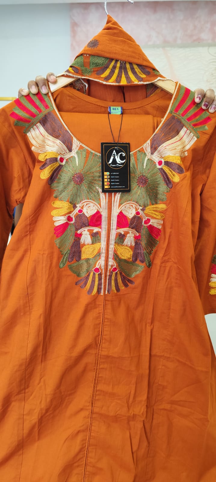 Pure cotton full embroidered suit set in rust