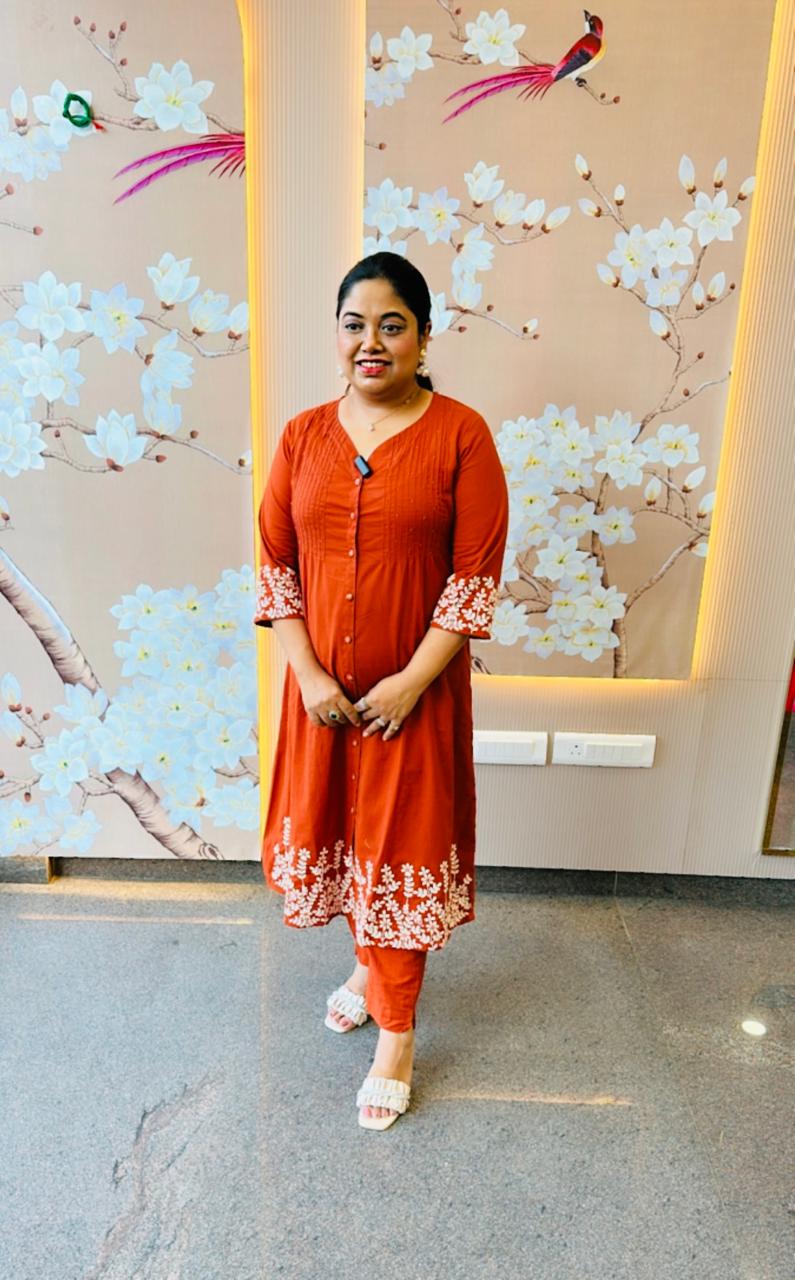 Pretty embroidery flex cotton kurta pant in rust