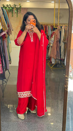Premium georgette gotta detailing perfect red karwa suit set