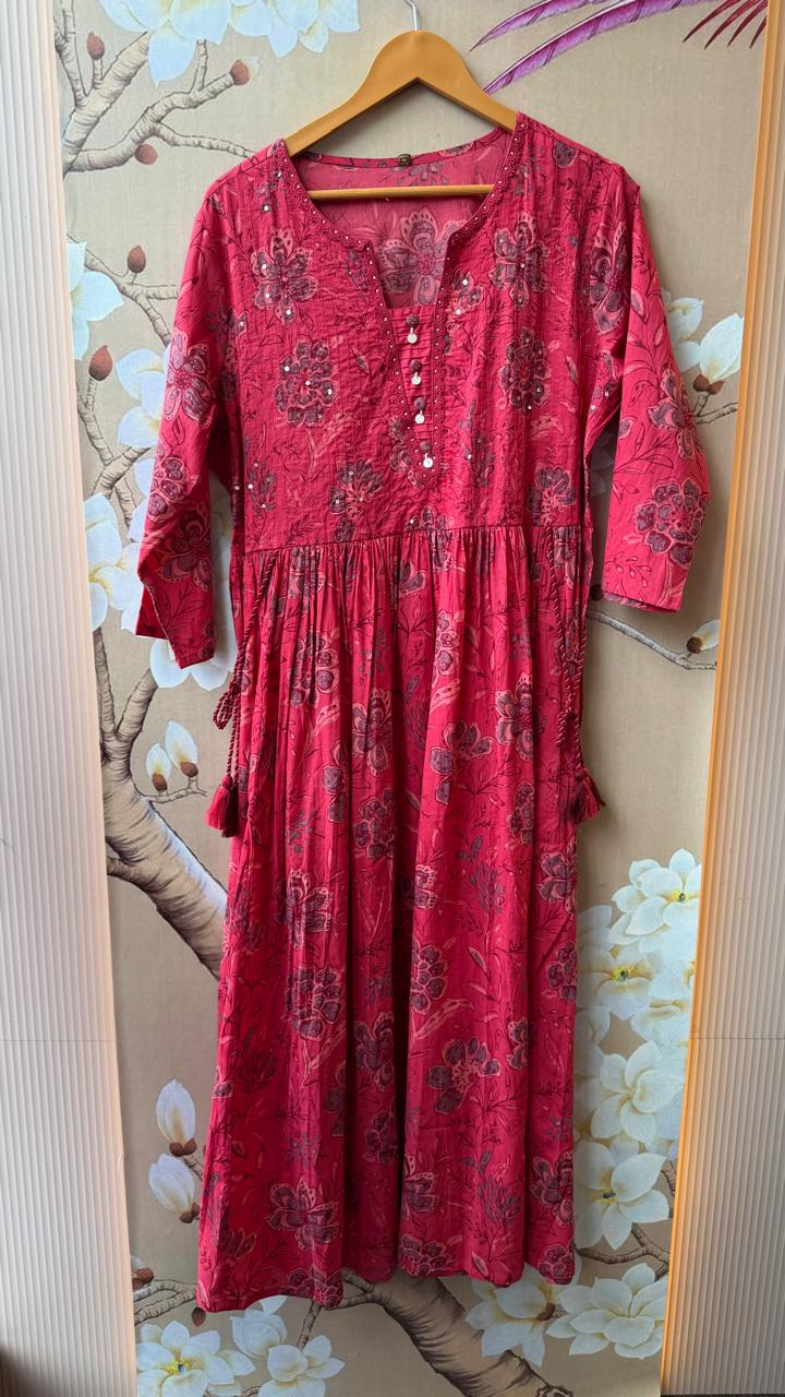 Premium cotton Anarkali suit set pink