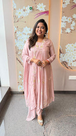 Pure chinon beautiful embroidery and pearl detailing suit set in pink