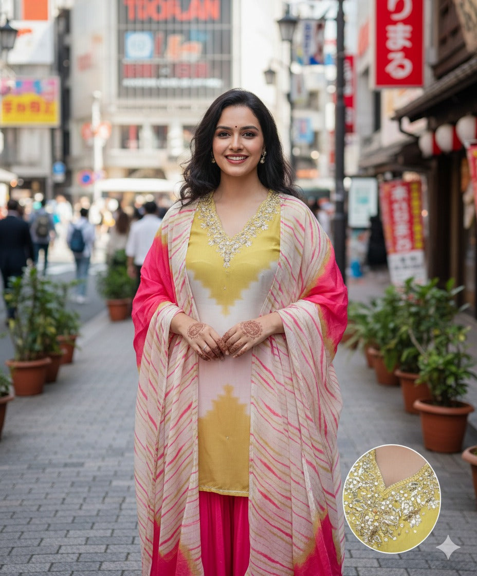 Mul silk sharara set in yellow n pink