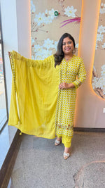Gorgeous chequered full suit set with embroidery on sleeves and Daman in greenish yellow