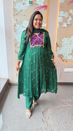 Premium crepe silk zari detailing and brocade highlight suit set in green n purple