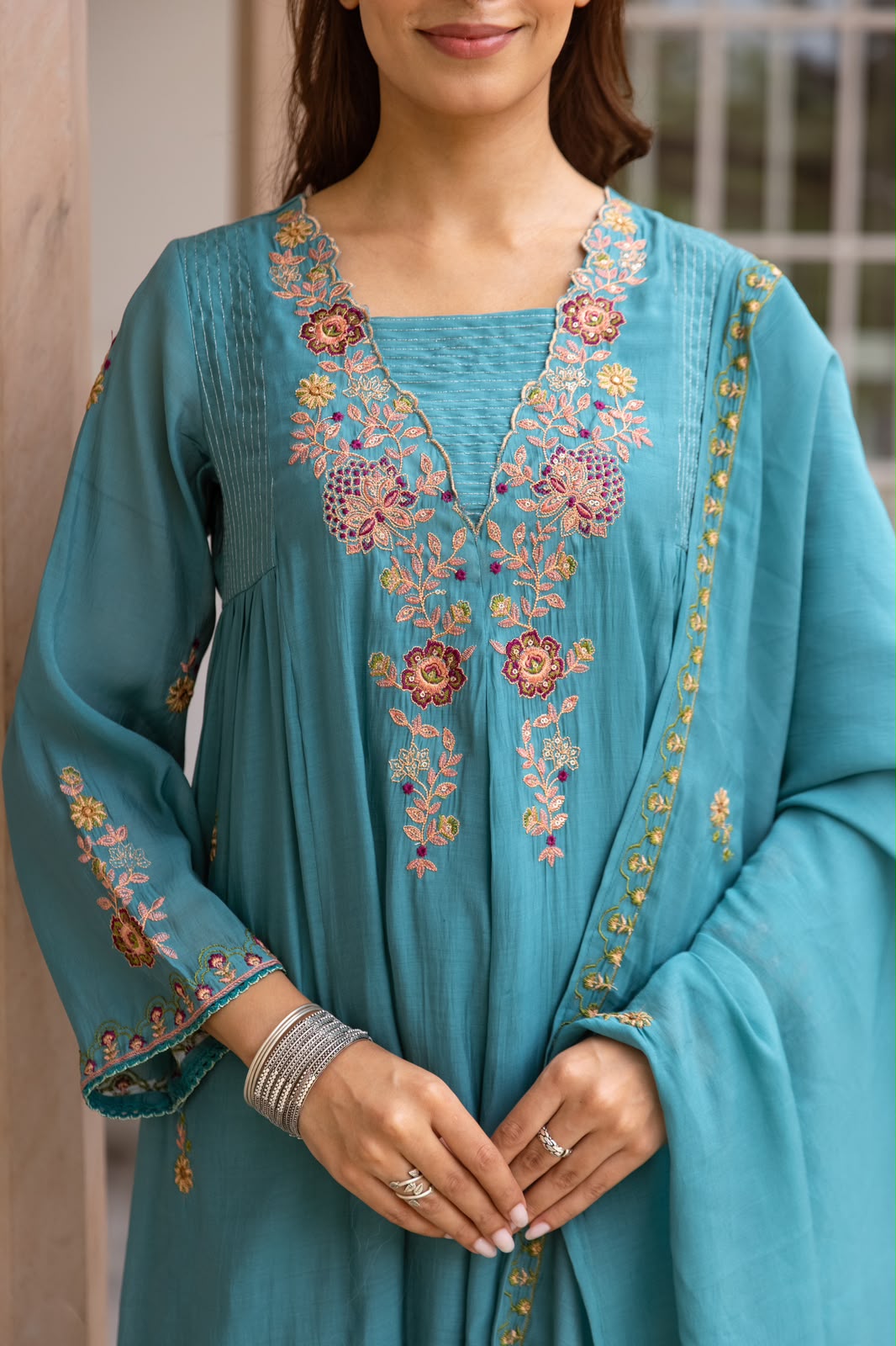 Pretty Modale embroidered suit set in blue with Mul lining