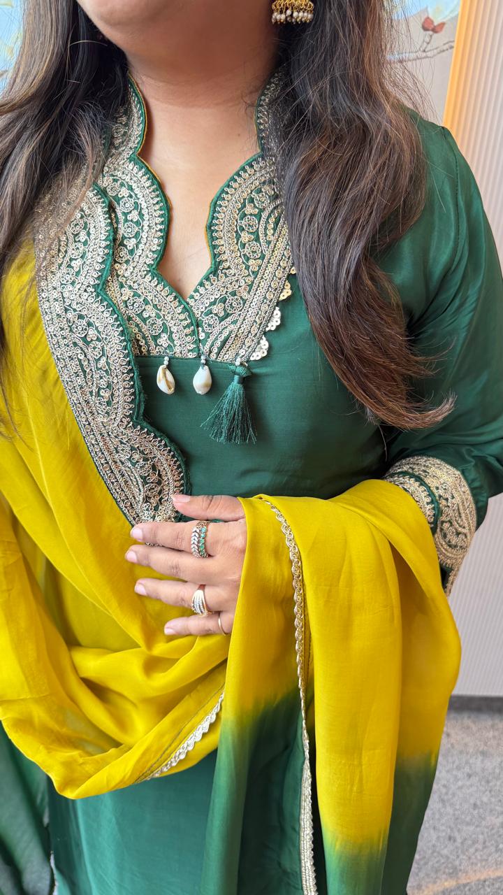 Premium pure crepe zari detailing full suit set( slim fit margin available) in green