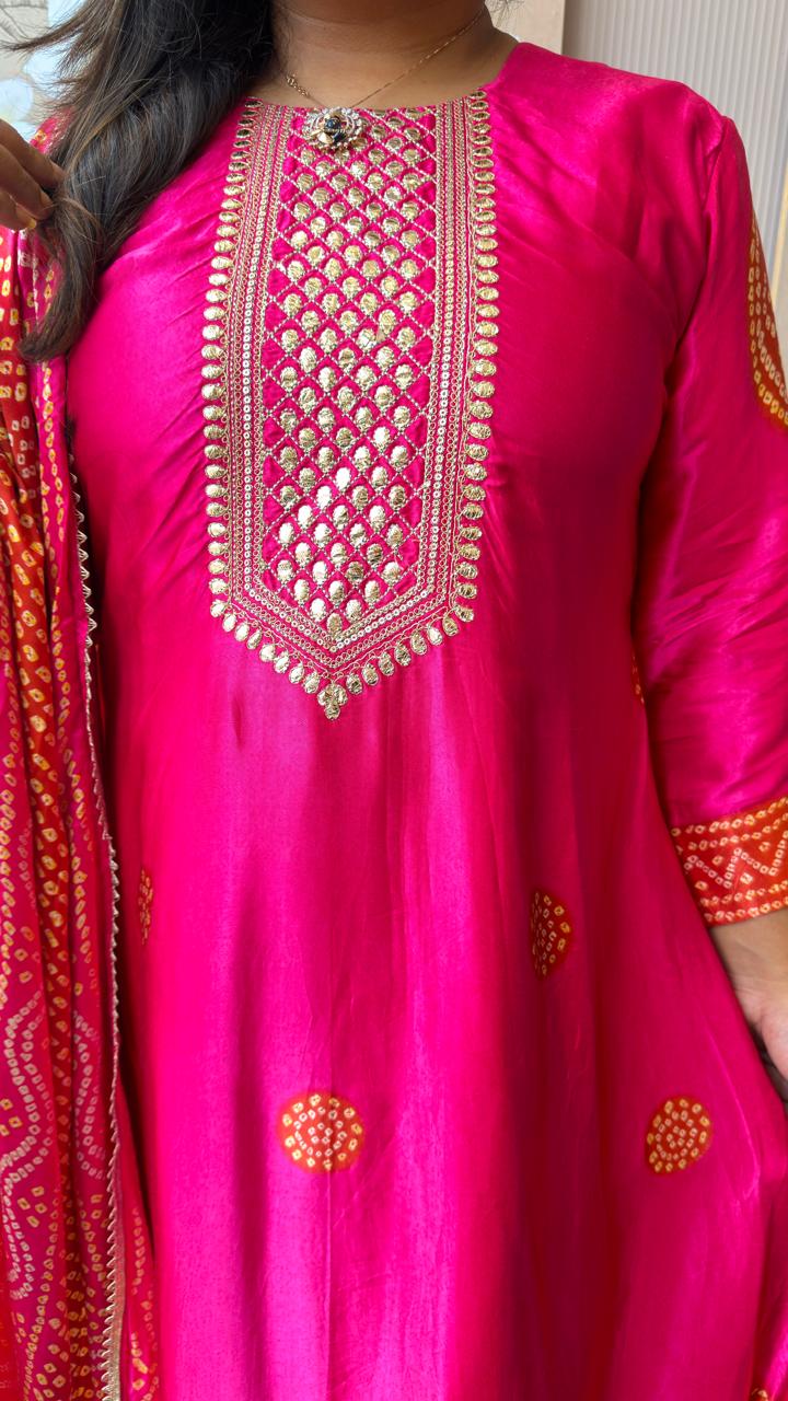 Premium gaji silk pink n orange bandhani suit set with Mul lining