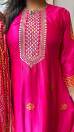 Premium gaji silk pink n orange bandhani suit set with Mul lining