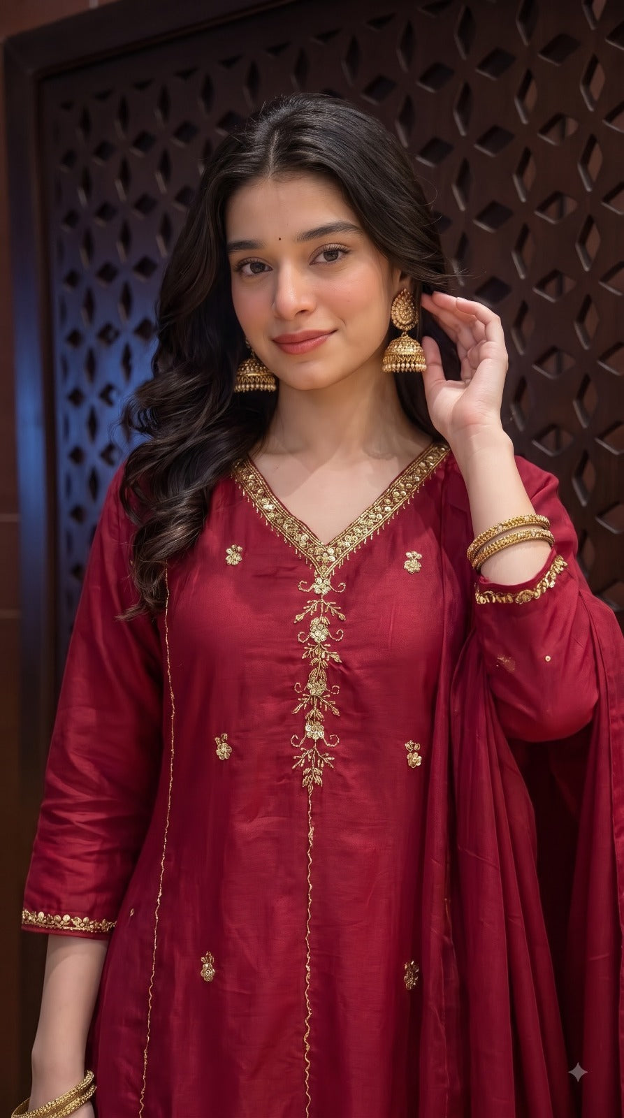 Pretty maroon handwork A line Mul chanderi suit set