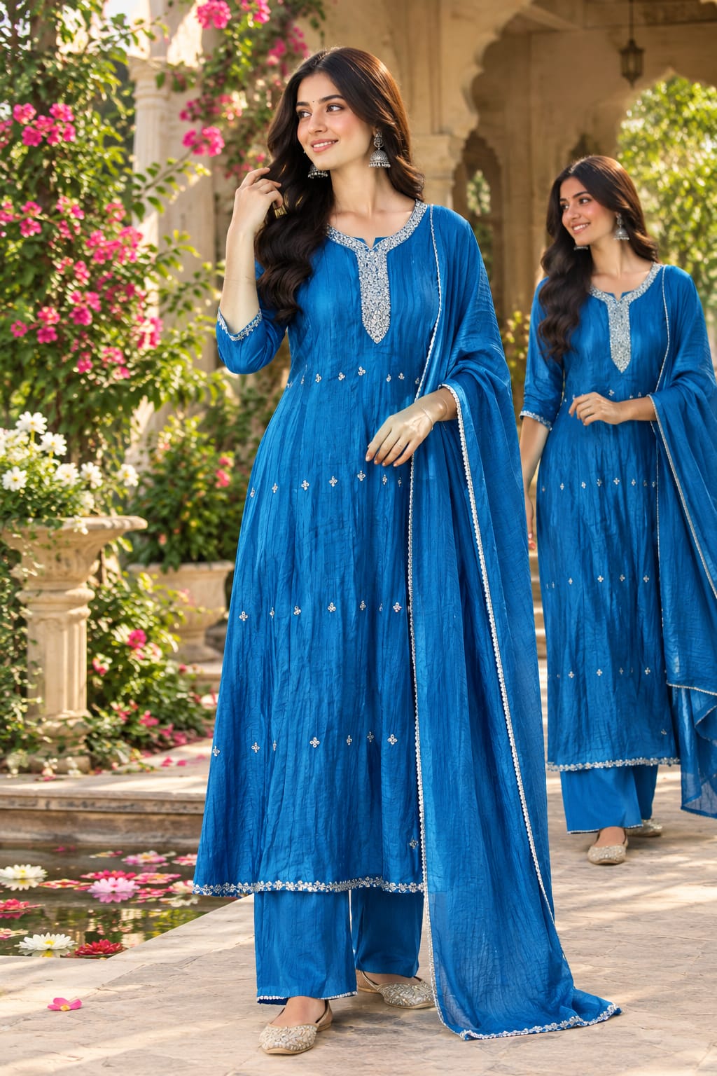 Premium chinon handwork full suit set in royal blue