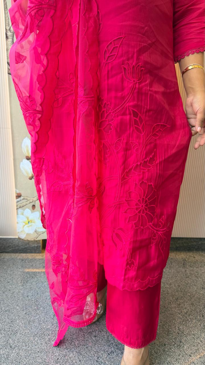 Super pretty pink Mul chanderi cutwork suit set
